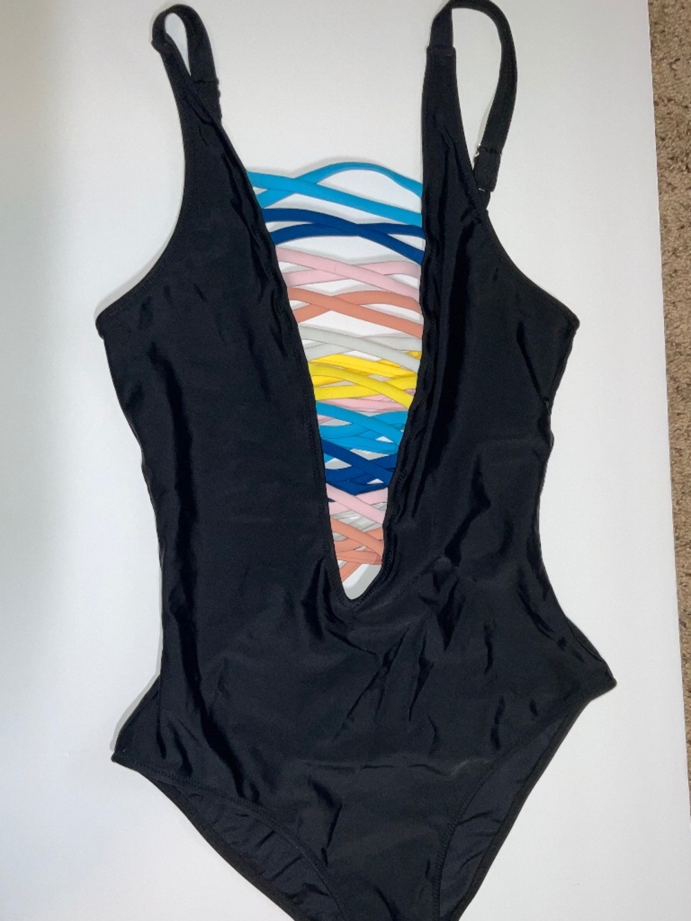 Black One-Piece Swimsuit with Colorful Lattice Front Size Medium, NWOT